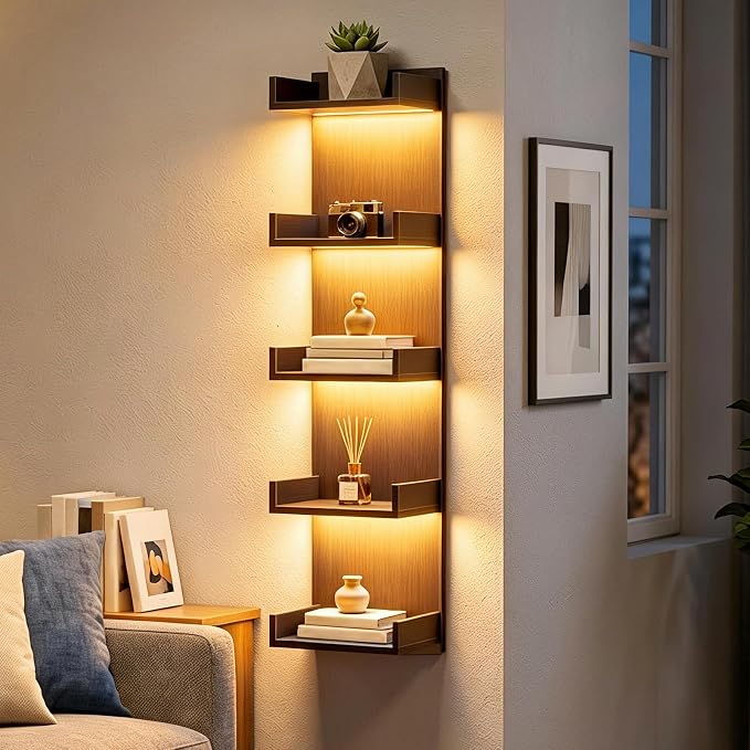 HOOBRO Floating Wall Shelf with LED Lights, Floating Shelf Wall Mounted for Storage, Vertical Display Stand, Modern Column Rack, for Bedroom, Livingroom, 5-Tier, 45.7 Inches, Black, BK51DBJ01N1