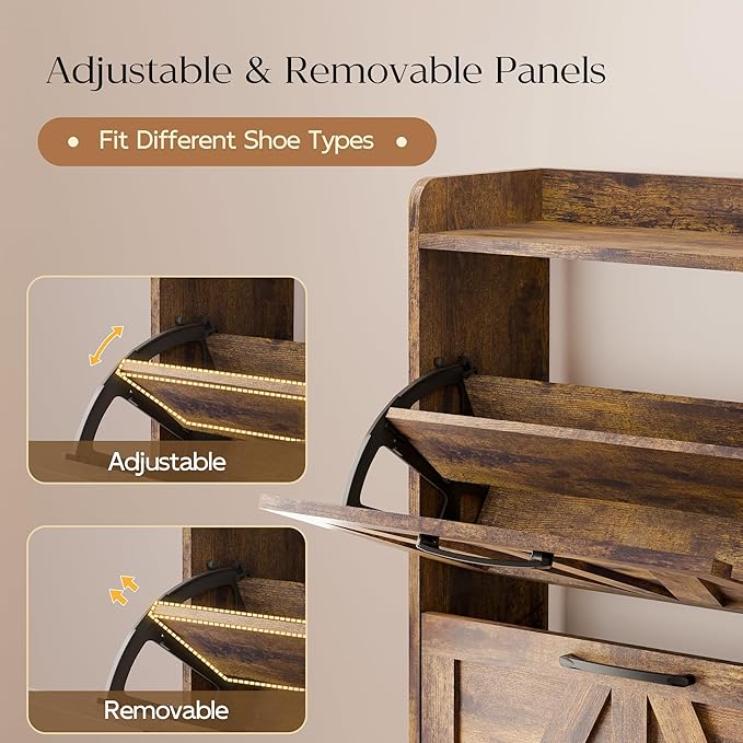MU Shoe Storage Cabinet with 4 Flip Drawers, Freestanding Shoe Cabinet, Shoe Organizer with Wood Legs for Entryway, Slim Shoe Cabinet, Rustic