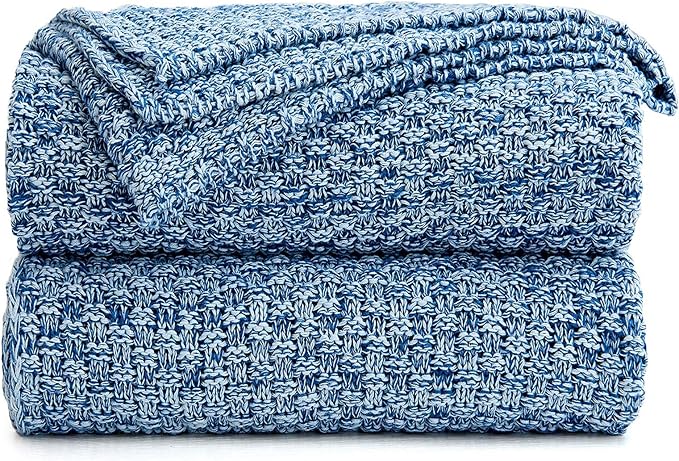 Longhui bedding 100% Cotton Knitted Throw Blanket – Blue White, Soft & Cozy, Machine Washable, 51"x63" – Perfect for Living Room, Couch, Sofa, Bed or Travel