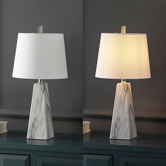 JONATHAN Y 20.5" White Marble Finish Modern Resin Table Lamp for Bedroom Living Room, Contemporary Faceted Bedside Lamp with White Linen Shade, LED Bulb Included (JYL1037A-SET2)