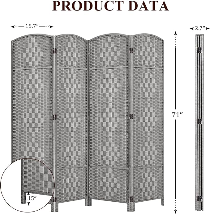 HALLYBEE Room Divider, Room Dividers and Folding Privacy Screens, 16in Privacy Screen, 4 Panel Temporary Wall Partitions, 6ft Space Separation Panel Screen, Grey