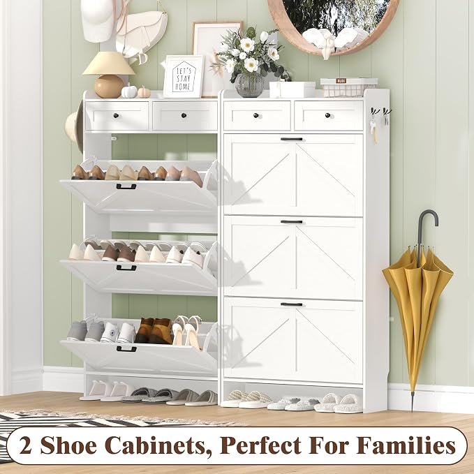 Thacuok Shoe Cabinet with 3 Flip Drawers & 2 Storage Drawers, Rustic Farmhouse Narrow Shoe Organizer Cabinet, Slim Shoe Rack Cabinet, Shoe Storage Cabinet for Entryway, Hallway, Front Door