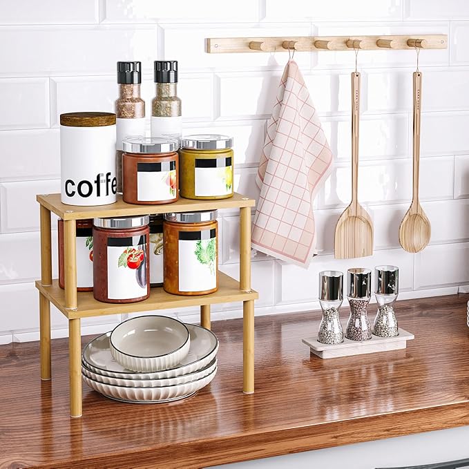 VERTORGAN Cabinet Organizer Shelf(Set of 2),Kitchen Counter Shelves,Bamboo Stackable Expandable Spice Rack Countertop(Medium)