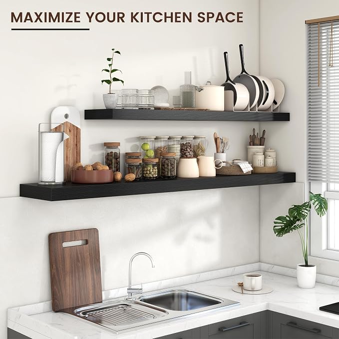 Venusmiles Floating Shelves for Wall 55 inch Long, Engineered Wood Large Wall Shelves with Invisible Brackets for Living Room Bedroom Bathroom Office Kitchen Decor and Storage, Black Finish, Set of 1