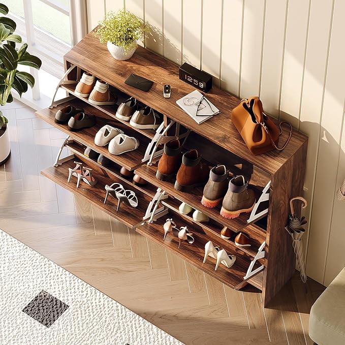 VINGLI Walnut Shoe Cabinet for Entryway, Slim Rustic Shoe Storage Cabinet with 4 Flip Drawers, Mid-Century Modern Wood Shoe Rack Organizer, Narrow Farmhouse Cupboard, Dark Brown, 42 Inch