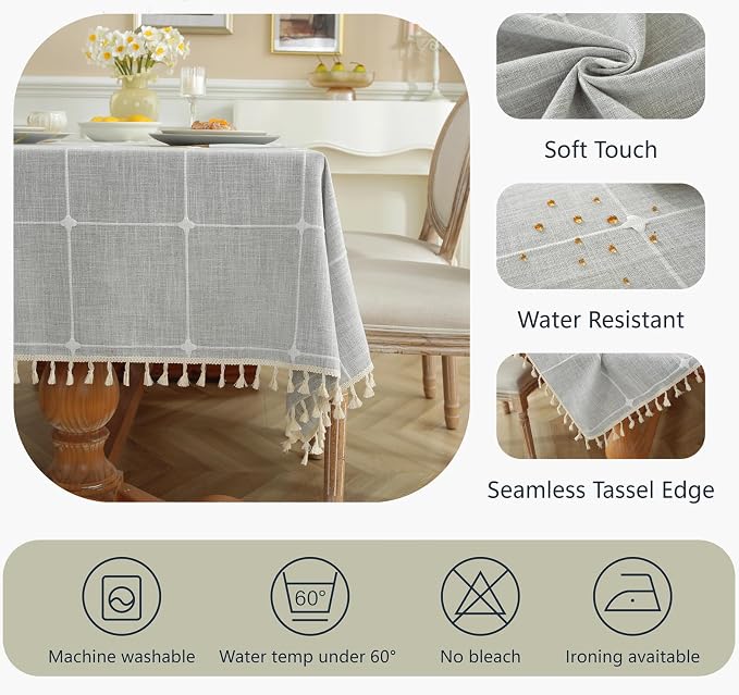 Alsoo Gray Plaid Tablecloth Square 55 x 55 Inch, Boho Waterproof Washable Wipeable Table Cloth Cotton Linen Heavy Duty Fabric for Kitchen Dining Party Christmas