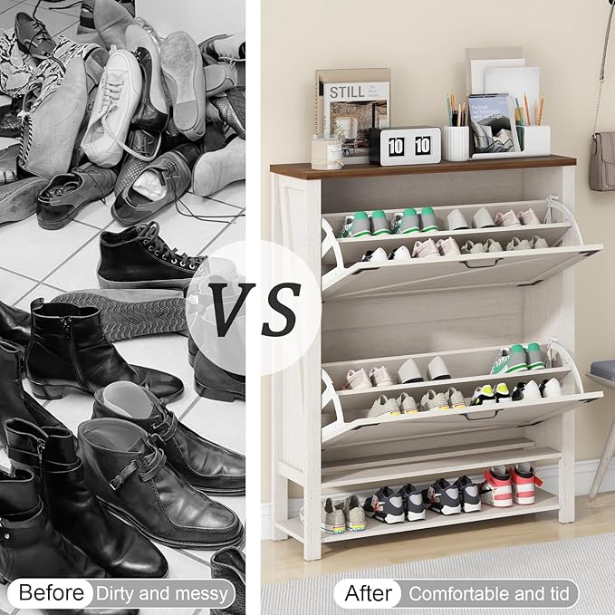 Vabches Shoe Storage Cabinet, Farmhouse Freestanding Organizer with 2 Flip Drawers, Wooden Hidden Narrow Slim Shoe Rack Cabinet for Entryway, Hallway, Foyer, White