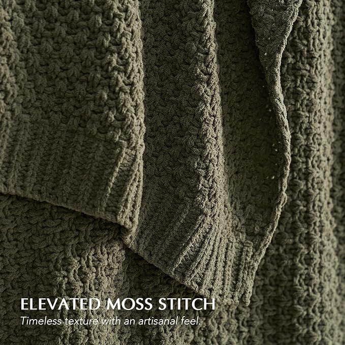 EVERGRACEHOME Chunky Chenille Knit Throw Blanket for Couch, Soft Luxurious Oversized Queen Moss Stitch Blanket for Bed, Cozy Farmhouse Knitted Throw for Sofa, Olive Green, 90" x 90"