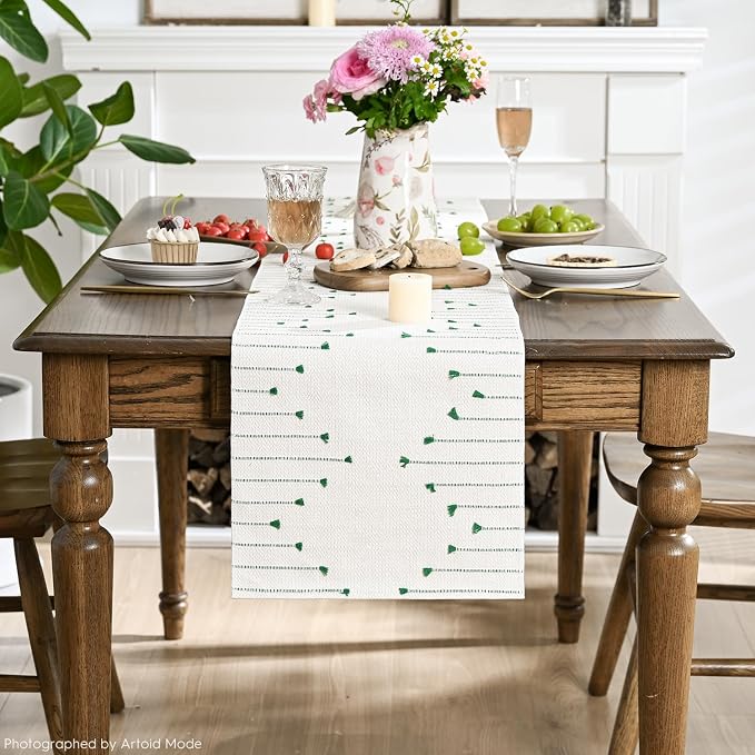 Artoid Mode Dark Green Boho Table Runner for Farmhouse Rustic，Seasonal Holiday Macrame Burlap Kitchen Dining Table Decoration for Home Party Decor 12x48 Inch