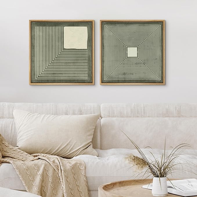 SIGNFORD Framed Canvas Print Wall Art Set Geometric Lines and Square in Green and White Illustrations Modern Art Minimal Relax/Calm for Living Room, Bedroom, Office - 16"x16"x2 Natural