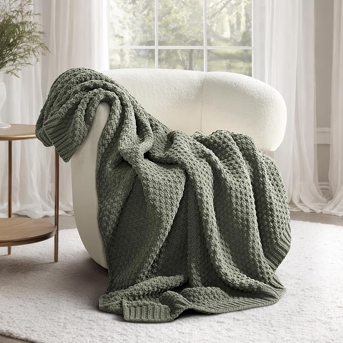 EVERGRACEHOME Chunky Chenille Knit Throw Blanket for Couch, Soft Luxurious Moss Stitch Blankets for Bed, Cozy Decorative Farmhouse Knitted Throws for Sofa, Dried Thyme Green, 50" x 60"