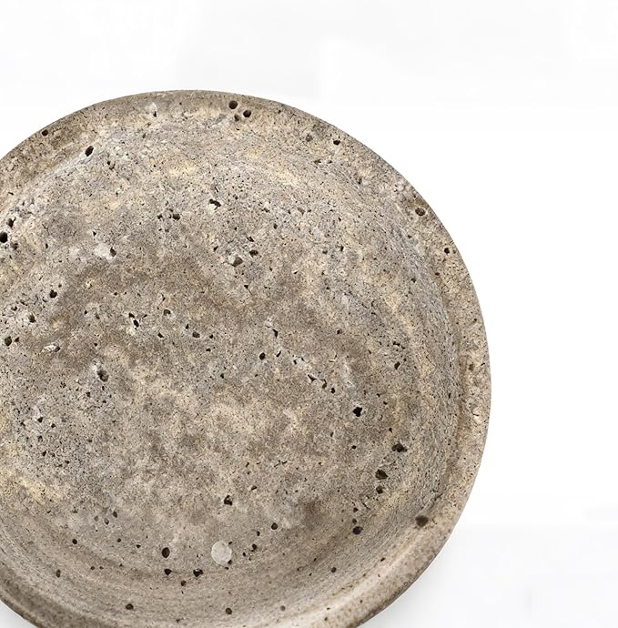 Silver Gray Travertine Bowl, 7.8" Modern Natural Stone Centerpiece for Industrial Home Decor, Handmade Fruit Bowl, Futuristic Tabletop Sculpture,Kitchen Counter, Entryway & Office Desk Organizer