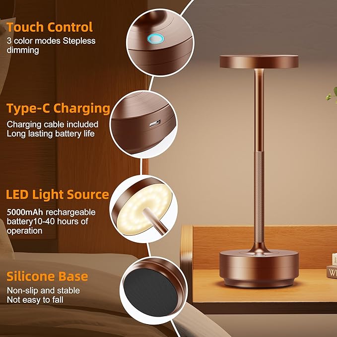 2-Pack Cordless Table Lamp Rechargeable, 5000mAh Battery Operated LED, Touch 3-Color Stepless Dimming, IP54 Waterproof Wireless Lamp for Bedroom Dining Restaurant Patio Outdoor – Coffee