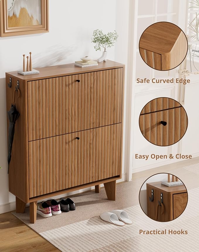 31.5" Shoe Cabinet Storage for Entryway with 2 Flip Drawers, Wood Fluted Narrow Shoe Cabinet for Hallway, Walnut