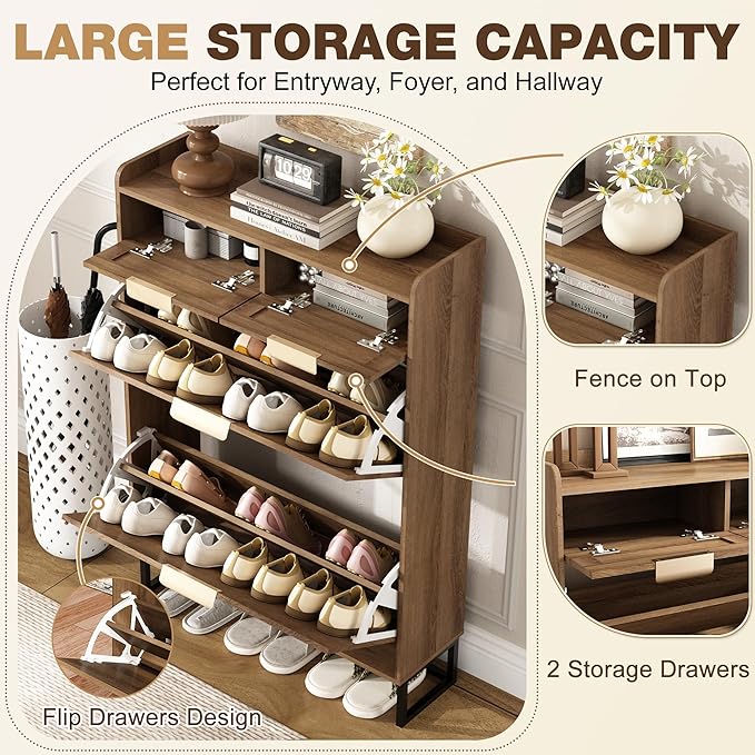 Fluted Shoe Cabinet Storage for Entryway – Narrow Shoe Rack with 2 Flip Drawers & 2 Storage Drawers, Freestanding Hidden Shoe Organizer for Foyer, Hallway (Rustic Oak Rattan)