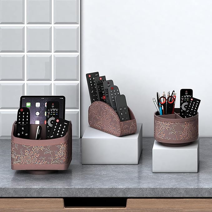 Remote Control Holder, Faux Leather 360° Art Supply Organizer, Multi-Functional Caddy for Remote Controllers, Office Supplies, Perfect Space Saver for End Table/Nightstand/Office Desk(Retro)