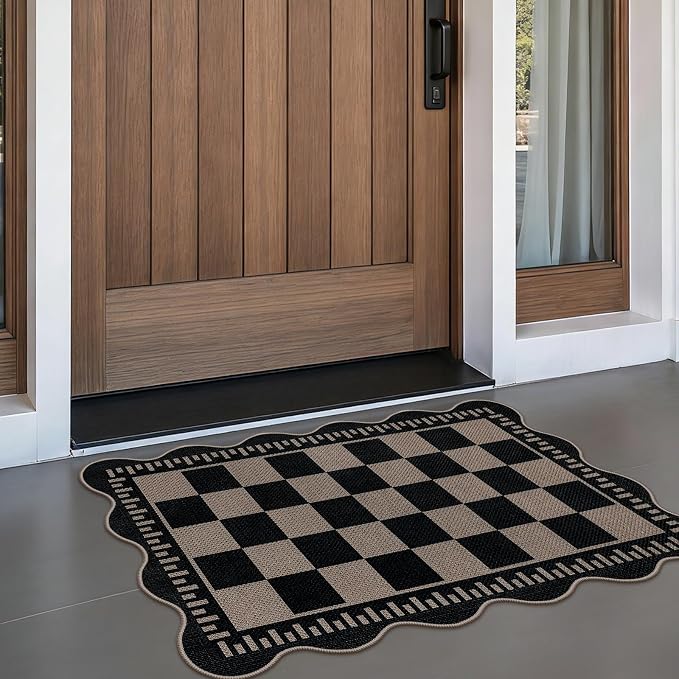 Checkered Easy Jute Entryway Rug, 2x3 Washable Non Slip Kitchen Rug, Indoor Outdoor Door Mat, Farmhouse Low Pile Floor Black Rugs for Porch Doorway