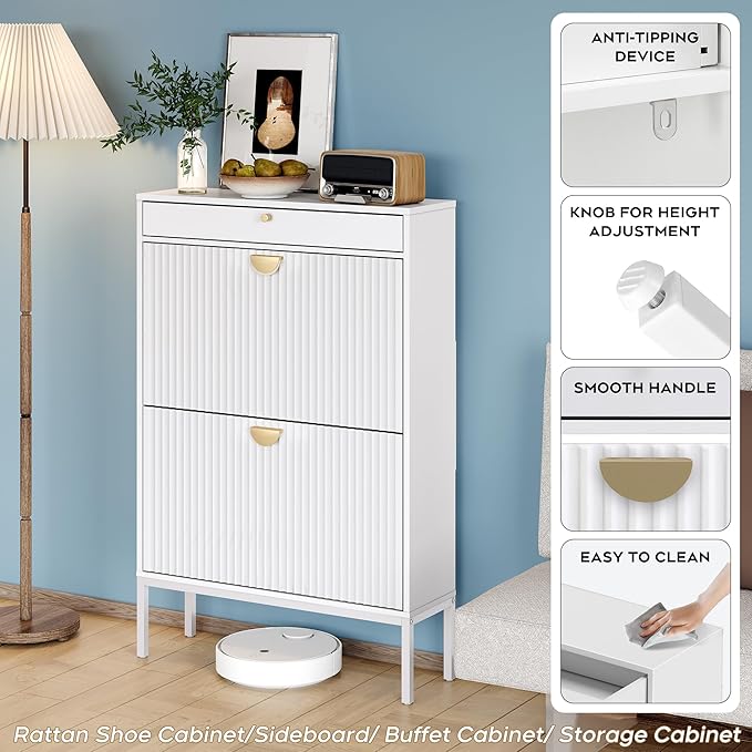 Brafab Shoe Storage Cabinet with 2 Flip Drawers&1 Small Drawer, Slim Entryway Shoe Organizer with Fluted Panel Doors for Sneakers,Pure White