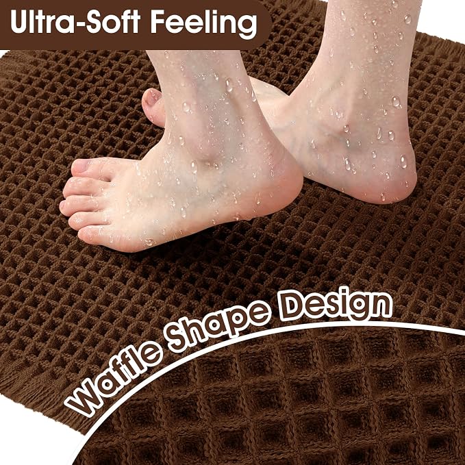 Waffle Bath Mat, Boho Woven Modern Bath Rug Absorbent Non Slip, Ultra Soft Bathroom Mats, Machine Washable Knit Bath Rugs with Tassels for Bathroom, Bedroom, Kitchen, Shower, Tub, 32"x20", Brown