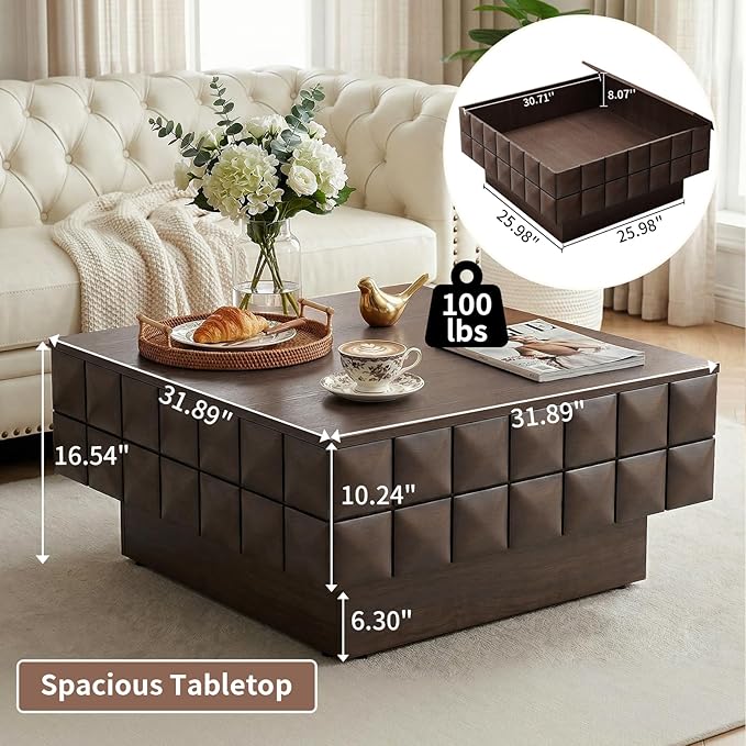LKTART 31.89" Square Coffee Table with Hidden Storage, Mid-Century Modern Center Table with 3D Sculpted Texture, Lift-Off Flip Top Coffee Tables for Living Room Blankets & Pillows, Real Wood Veneer