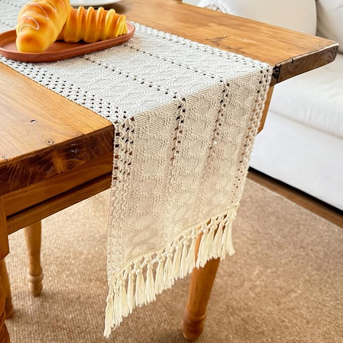 Macrame Table Runner Cream Beige Boho Table Runners with Tassels 72 Inches Long, Rustic Farmhouse Table Runners for Living Room Bridal Shower(12x72in, Fringe Included )