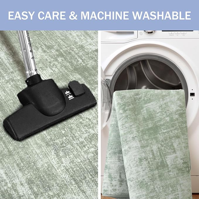 IOHOUZE Abstract Area Rug 4x6 Ft Washable Rugs for Entryway Indoor, Non Slip Small Living Room Rugs Printed Faux Wool Throw Rug, Floor Carpet for Kitchen Nursery Playroom, Sage Green