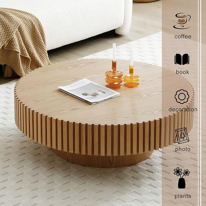 31.49" Round Fluted Coffee Table for Living Room, Mid Century Modern Drum Coffee Table with Sturdy Pedestal, Circle Center Table Accent Tea Table for Apartment ASH