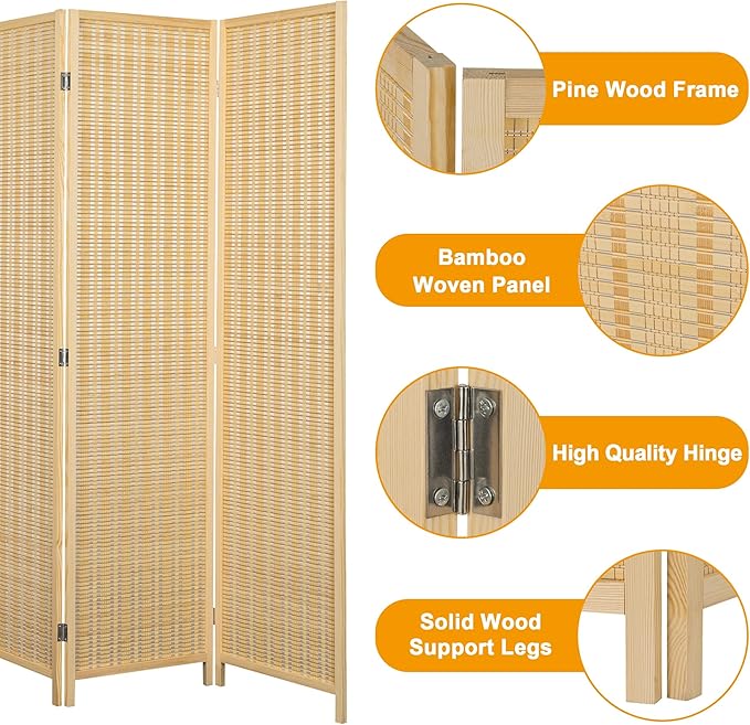 8 Panel Bamboo Room Divider Screen, Folding Privacy Screens for Room Separation, 66.9 Inch Freestanding Room Divider for Home, Bedroom and Office, Assembly-Free, Natural