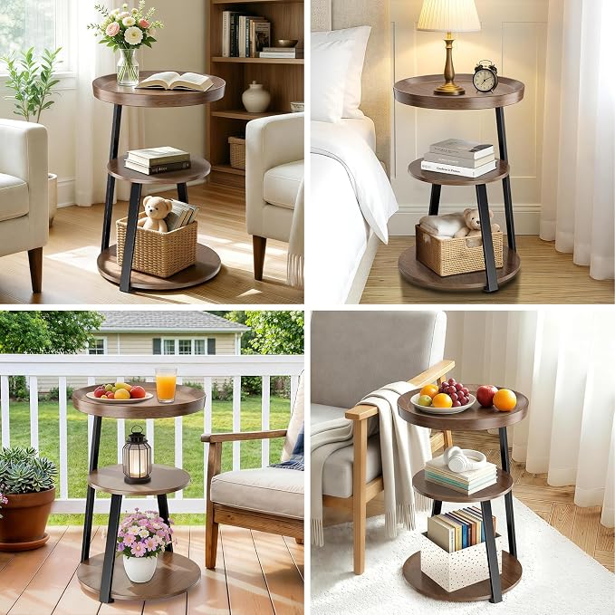 Round Side Table, 3-Tier Tray Top End Table with Storage Shelf, Ultra Stable Coffee End Table/Nightstand, Modern Farmhouse Couch Table for Living Room, Bedroom, Bedside Stand or Small Spaces, Walnut