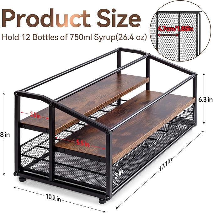 kimilus Coffee Syrup Rack Organizer, 3-Tier 10 Bottle Syrup Rack with 35 K Cup Darwer for Coffee Bar, Countertop Bottle Holder Stand for Dressing for Kitchen Cafe Station