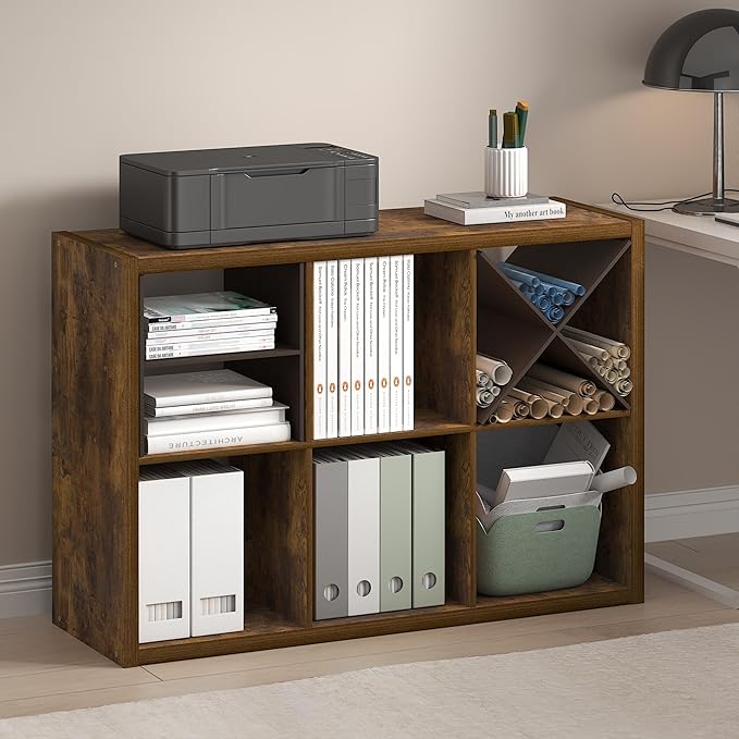 Furinno Cubicle Book Shelf, 6-Cube Bookshelf, Extra Thick Frame Horizontally & Vertically Reversible Bookcase with Open Back, 14.6" x 44" x 30", for Living Room, Bedroom, Home Office, Amber Pine