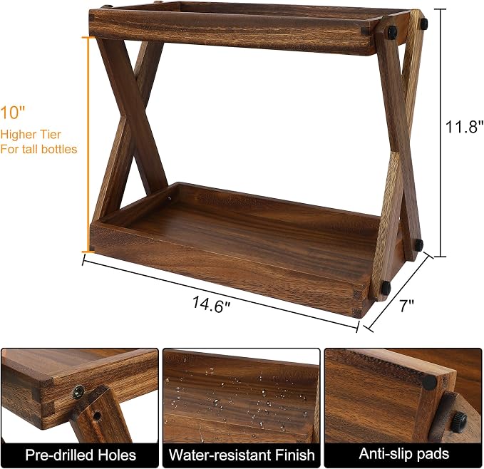 Wood Countertop Organizer, 2 Tier Wooden Shelf for Coffee Bar Accessories, Kitchen Spice Rack Organizer, Condiment Storage Caddy for Home, Office, Bathroom
