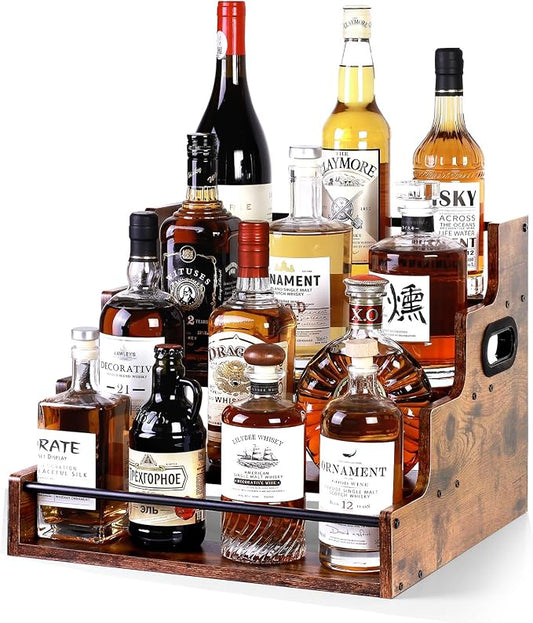 Bottle Display Shelf, Coffee Syrup Rack Organizer, 3 Step Countertop Liquor Wine Rack, mini bar,Liquor Cabinet, Home Retro Bar Shelf Stand for Liquor Whiskey, Spirits (4 Tier)