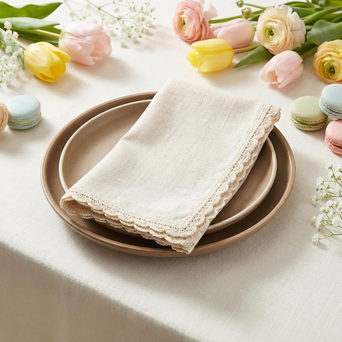Flax Lace Cloth Dinner Napkins Set of 12 Natural - 20x20 Inches, Spring Basket Décor Premium Cotton Linen Dinning Table Napkin for Mother's Day, Wedding, Birthday | Soft Banquet Event Napkin