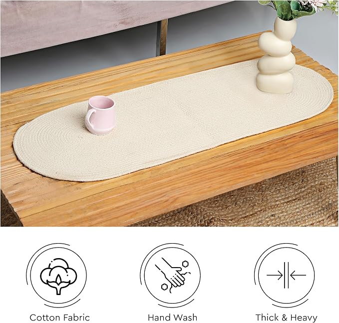 Encasa XO Dining Table Runner | Handmade Ribbed Style Cotton | 12x36 in | Off White | for Coffee & Center Table