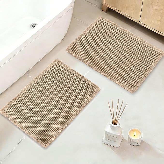 DWCN Waffle Bathroom Mat Set, Super Absorbent Non Slip Bath Rugs Set for Bathroom Floor, Shower Mats 2 Piece for Tub, Washable Kitchen Rugs for Farmhouse Boho Home Decor, 20 x 32 Inch, Brown
