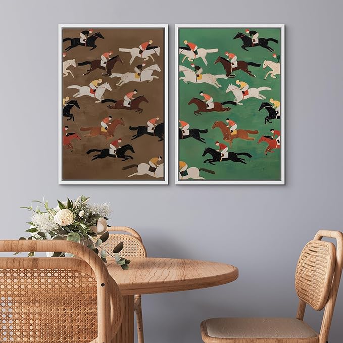 SIGNWIN Framed Canvas Print Wall Art Set Vintage Horse Racing Jockeys Illustrations Modern Art Rustic Colorful Ultra for Living Room, Bedroom, Office - 16"x24"x2 White