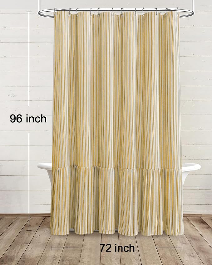 Farmhouse Shower Curtain with Ruffle Hem Linen Shower Curtains for Bathroom Country Vintage Rustic Natural Fabric, Cream-Yellow Stripe 72" W x 96" L
