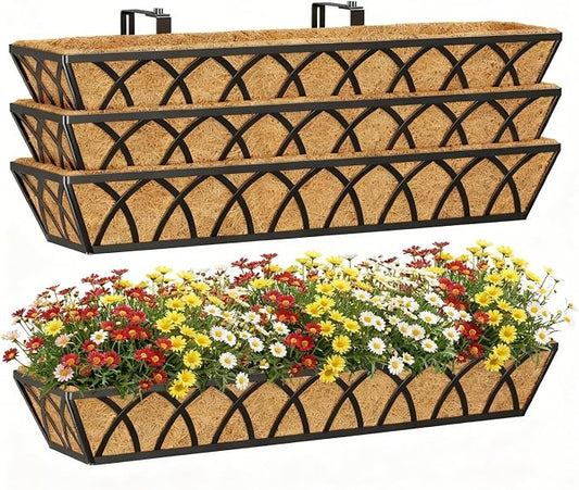 Y&M 4 Pack Hanging Railing Planter Boxes, 30 Inch Adjustable Balcony & Deck Planter, Heavy Duty Metal Flower Box for Porch, Fence & Window, Outdoor Plant Holder
