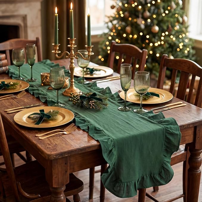 Green Ruffled Table Runner 72 Inches Long Scalloped Table Runner Rustic Cotton Tabletop Farmhouse Decor for Baby Shower Bride Shower Birthday Party Holiday Wedding(Solid Color)