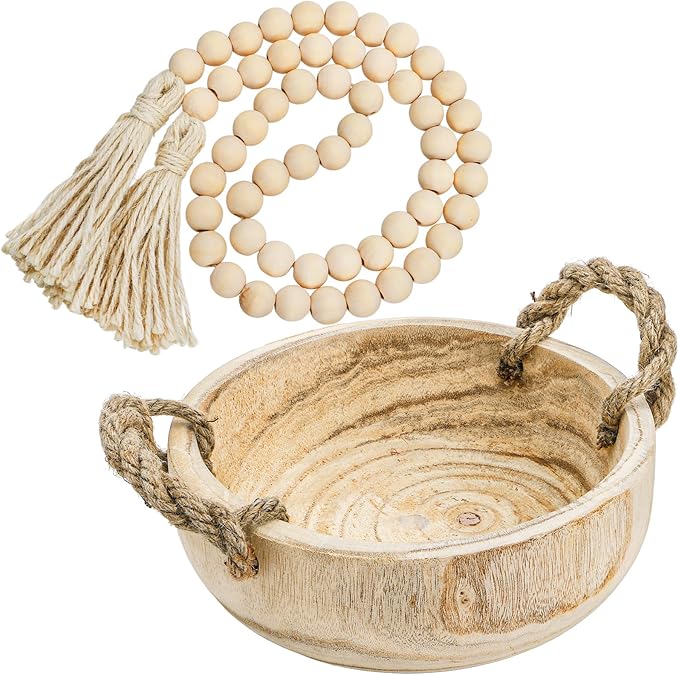 Paulownia Wood Dough Bowl, 9.5 Inch Serving Bowl with Rope Handles Bead Garland, Handmade Wooden Key Bowl for Tabletop Centerpiece Home Decor