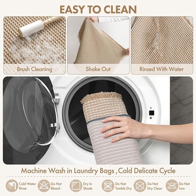 MIULEE Waffle Bathroom Runner Rugs, Super Absorbent Non Slip Bath Rug, Upgraded Soft Quick Dry Washable Boho Long Beige Bath Mat with Tassels for Hallway Laundry Room Bedroom, 17"x48", Brown & White