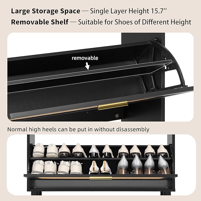 Finnhomy Extended Shoe Cabinet with Natural Rattan Flip Drawers for Entryway, Free Standing 2 Tier Slim Shoe Organizer with Large Top Board, Shoe Cabinet with 3-Gear Adjustable Width Drawers, Black