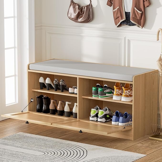 MHOM Rattan Shoe Bench for Entryway, Hallway and Bedroom - Boho Bench with Storage Cabinets and Seat Cushion - Wooden Storage Bench Fits up to Size 16 - Natural Oak