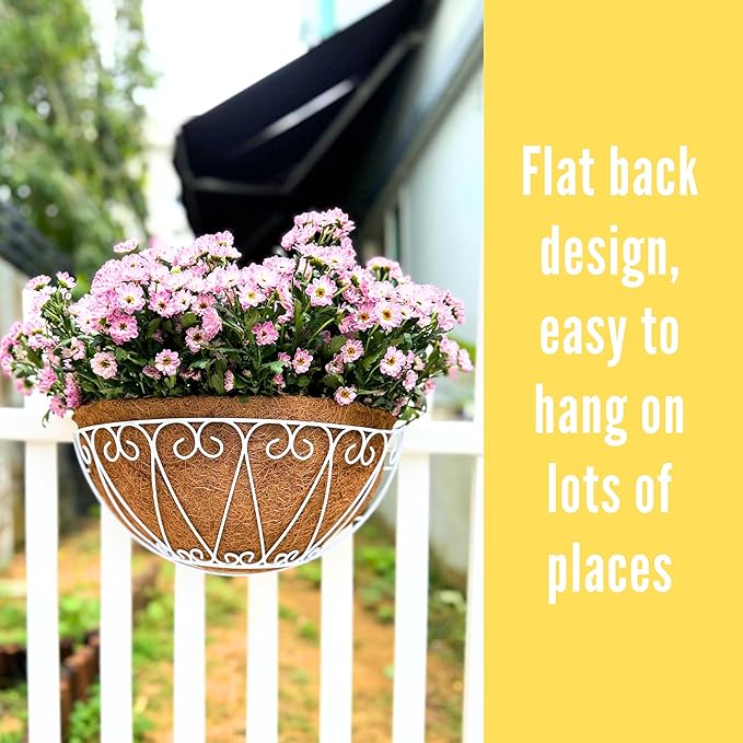 LaLaGreen Outdoor Wall Planters (2 Pack, 16 Inch) White Metal Wall Mounted Hanging Basket with Coco Liner, Large Flower Pot Plant Holder Planter for Fence Railing Deck Porch Balcony Modern Home Decor