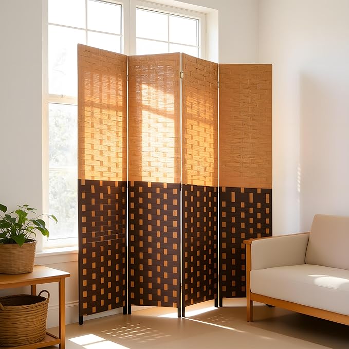 FDW Room Divider Wood Screen 4 Panel Folding Portable Partition Screens Wooden Mesh Woven Design Room Screen Divider for Home Office (Chocolate Brown)