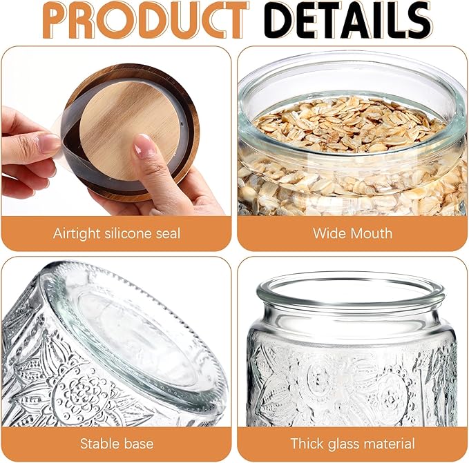 Domensi 6 Pcs Vintage Glass Jars 34 oz Glass Storage Jars with Lids Sunflower Pattern Airtight Storage Containers for Kitchen Counter Pantry Coffee Bean Grains Tea Sugar Flour Candy Oats