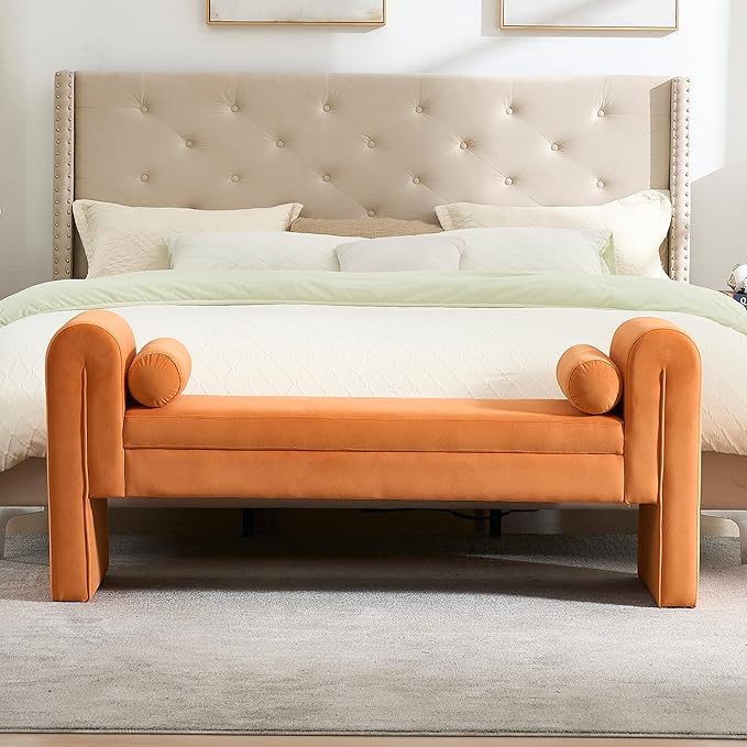 60.5" Velvet Upholstered Entryway Bench, Ottoman Bench End of Bed Bench with Armrest, Bedroom Bench with 2 Lumbar Pillows, Benches for Foot of Bed for Living Room, Hallway (Orange)