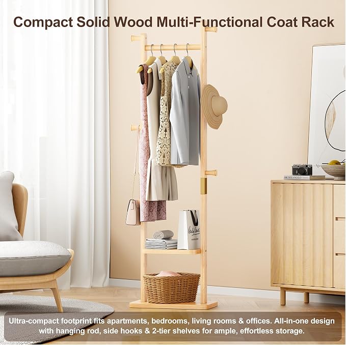 Solid Wood Coat Rack Freestanding, Clothing Rack with 5 Hooks & Bottom Shelf, Heavy Duty Coat Rack Stand for Hanging Clothes, Wood Hall Tree Organizer for Entryway, Bedroom (Natural Wood)