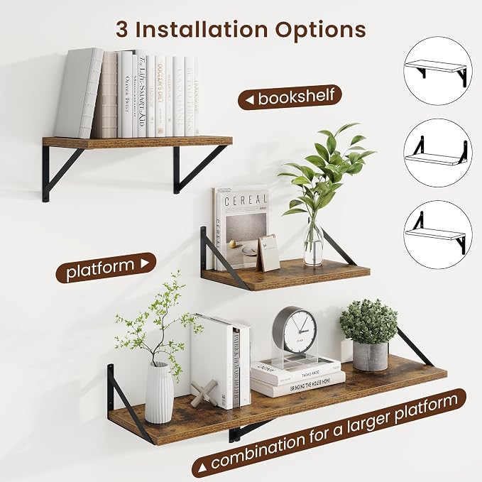 Axeman Deep Floating Shelves | 16 Inch Brown Wall Shelves Set of 2 | 10 Inch Deep Wood Floating Shelves for Wall | 16" W x 10" D Rustic Brown Shelves for Living Room Bathroom Kitchen